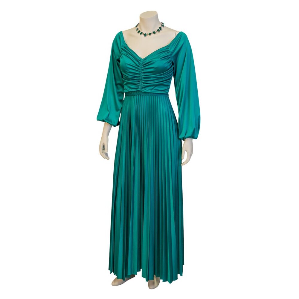 Vintage 1970s Teal Maxi Dress w/Ruched Bodice Pleated Skirt & Bishop Sleeves